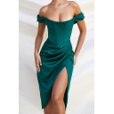 Sexy Asymmetrical Dress Solid Strapless Side Split Draped Midi Womens Dress