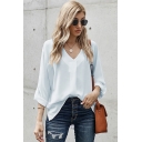 Casual Womens Pullover Shirt V-Neck Solid Color Straight Hem Long Sleeve Slim Fit Shirt