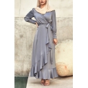 Ethnic Ladies Maxi Dress Solid Color Long Sleeve Asymmetrical Ruffles Detail Long Length Dress with Bow