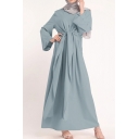 Ethnic Solid Color Dress Front Belt Detail Long Sleeve Maxi Dress for Women