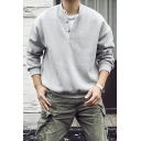 Stylish Sweatshirt Pure Color V Neck Long Sleeve Relaxed Fit 1/2 Button down Sweatshirt for Boys