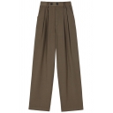 Casual Ladies Pants Solid Color Pleated Detail Zip Fly High Rise Straight Wide Leg Pants