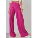 Trendy Womens Pants Solid Zip Fly Flap Pockets Pleated Detail High Rise Full Length Wide Leg Pants
