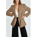 Vintage Ladies Blazers Plaid Notched Lapel Double Breasted Long Sleeve Slim Suit Jacket