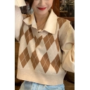 Leisure Knitted Vest Argyle Pattern V-Neck Rib Hem Regular Fit Sleeveless Sweater Vest for Women