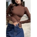 Chic Womens Crop Top Plain Mock Neck Long Sleeve Slim Fitted Knit Top