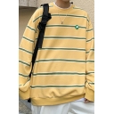 Guys Hot Sweatshirt Stripe Printed Long-Sleeved Loose Fitted Round Neck Pullover Sweatshirt
