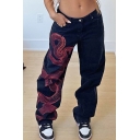 Street Looks Womens Pants High Waist Dragon Pattern Full Length Relaxed Fit Straight Pants