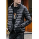 Mens Simple Down Coat Long Sleeve Stand Collar Zip Placket Regular Fit Down Coat with Pocket