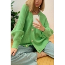 Stylish Girls Cardigan V-Neck Solid Color Button Up Long Sleeve Loose Fit Ribbed Knit Cardigan