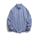 Popular Mens Shirt Striped Pattern Long Sleeve Point Collar Loose Fit Button Shirt