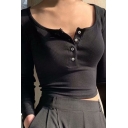 Chic Scoop Neck T-Shirt Solid Color 1/2 Button Long-Sleeved Crop T-Shirt for Women