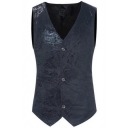 Urban Guys Suit Vest Bronzing Print Pocket V Neck Slimming Sleeveless Button Closure Suit Vest