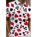Vintage Boy's Polo Shirt Poker Printed 1/2 Zipper Collar Slim Fitted Short Sleeve Shirt