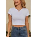 Casual Ladies T-Shirt Solid Round Neck Short Sleeve Slim Cut Cropped T-Shirt