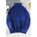 Mens Trendy Sweater Pure Color Rib Hem High Collar Long Sleeve Loose Pullover Sweater