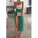 Simple Womens Skirt Solid Color Split Hem High Waist Midi Asymmetrical Skirt