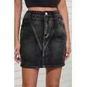 Classic Ladies A-Line Skirt Plain Zipper Fly Faded Wash Denim Mini Skirt with Pockets