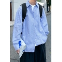 Basic Boys Shirt Stripe Pattern Long Sleeve Turn-down Collar Loose Fit Button Shirt