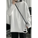 Casual Boys T-Shirt Solid Color Distressed Design Long Sleeve Round Neck Loose Fit T-Shirt