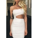 Simple Ladies Dress Plain One Shoulder Hollow Sashes Mini Bodycon Dress