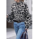 Classic Womens Shirt Button Closure Leopard Pattern Turn Down Collar Flare Sleeve Regular Fit Shirt