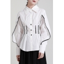 Unique Womens Shirt Turn Down Collar Contrast Stitching Button Closure Slim Fit Long Sleeve Shirt