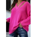 Daily Ladies Sweater V-Neck Hollow Detail Long Sleeve Loose Fit Pullover Sweater