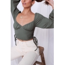 Elegant Womens T-Shirt Plain Color Square Neck Long Puff Sleeve Drawstring Side Slim Cropped T-Shirt