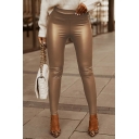 Sexy Ladies Pants Solid Color PU Leather Elastic Waist High Rise Ankle Length Skinny Pants