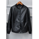 Basic Womens Jacket Plain Pocket Stand Collar Button Down Slim Fit PU Jacket in Black