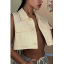 Casual Girls Jacket Sleeveless Turn Down Collar Button Down Chest Pockets Cropped Denim Jacket