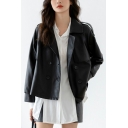 Chic Womens Black Jacket Notched Collar Double Breasted Relaxed Fit Leather Jacket