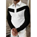 Guys Street Look Polo Shirt Color-blocking Long Sleeve 1/2 Zip Collar Fitted Polo Shirt