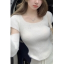 Stylish Womens Sweater Solid Color Square Neck Long Detachable Sleeve Slim Fit Sweater