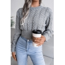 Casual Womens Sweater Plain Cable Knit Round Neck Long Sleeve Slim Cropped Sweater