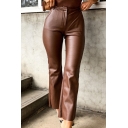 Cool Ladies Pants Plain Color PU Leather Zip Closure High Rise Ankle Length Bootcut Pants
