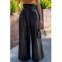 Casual Womens Pants Plain PU Leather Zip Up Belted High Rise Ankle Length Wide Leg Pants