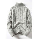 Men Popular Sweater Plain Rib Hem High Neck Long Sleeve Baggy Cable Knit Pullover Sweater