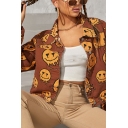 Street Look Ladies Jacket Smiling Face Pattern Turn Down Collar Button Down Relaxed Denim Jacket