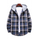 Leisure Men's Shirt Plaid Print Drawstring Button Fly Long-sleeved Hooded Curved Hem Fitted Shirt