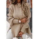Fancy Womens Sweater Round Neck Slit Sides Long Sleeve Relaxed Fit Pullover Sweater