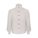 Retro Mens Shirt Pure Color Long Sleeve Button Closure Ruffle Hem Stand Collar Regular Fitted Shirt