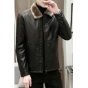 Stylish Jacket Pure Color Spread Collar Long-sleeved Relaxed Zip Up Brushed Leather Jacket