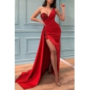 Elegant Womens One Shoulder Dress Sequin Detail Sexy Split Side Dress in Red