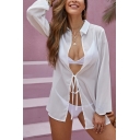 Casual Womens Shirt Solid Lapel Collar Lace Up Long Sleeve Sheer Shirt