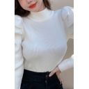 Fashion Knit Top Mock Neck Solid Color Puff Sleeve Slim Fitted Knit Top for Women