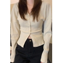 Unique Ladies Knit Top Solid Color V Neck Button Up Slit Front Long Sleeve Slim Fit Knit Top
