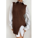 Leisure Womens Sweater Vest Plain Mock Neck Sleeveless Side Split Oversized Longline Vest