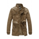 Retro Men Coat Plain Side Pocket Stand Collar Long Sleeve Regular Zip Down Leather Jacket